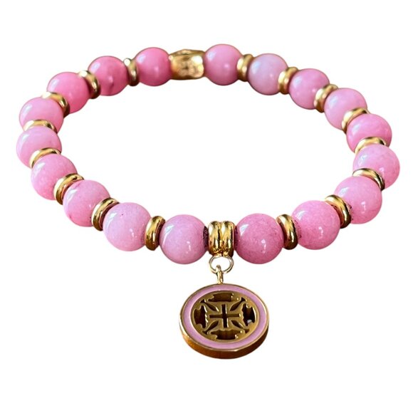 Rustic Cuff  Natural Pink Stones Beads Logo Stretch Bracelet - Picture 1 of 2